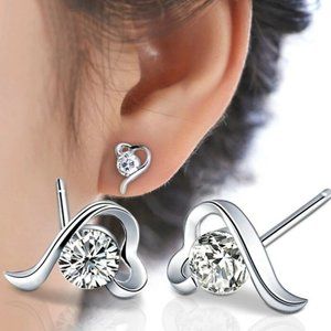 Beautiful 14k White Gold Over Silver Diamond Heart Stud Earrings